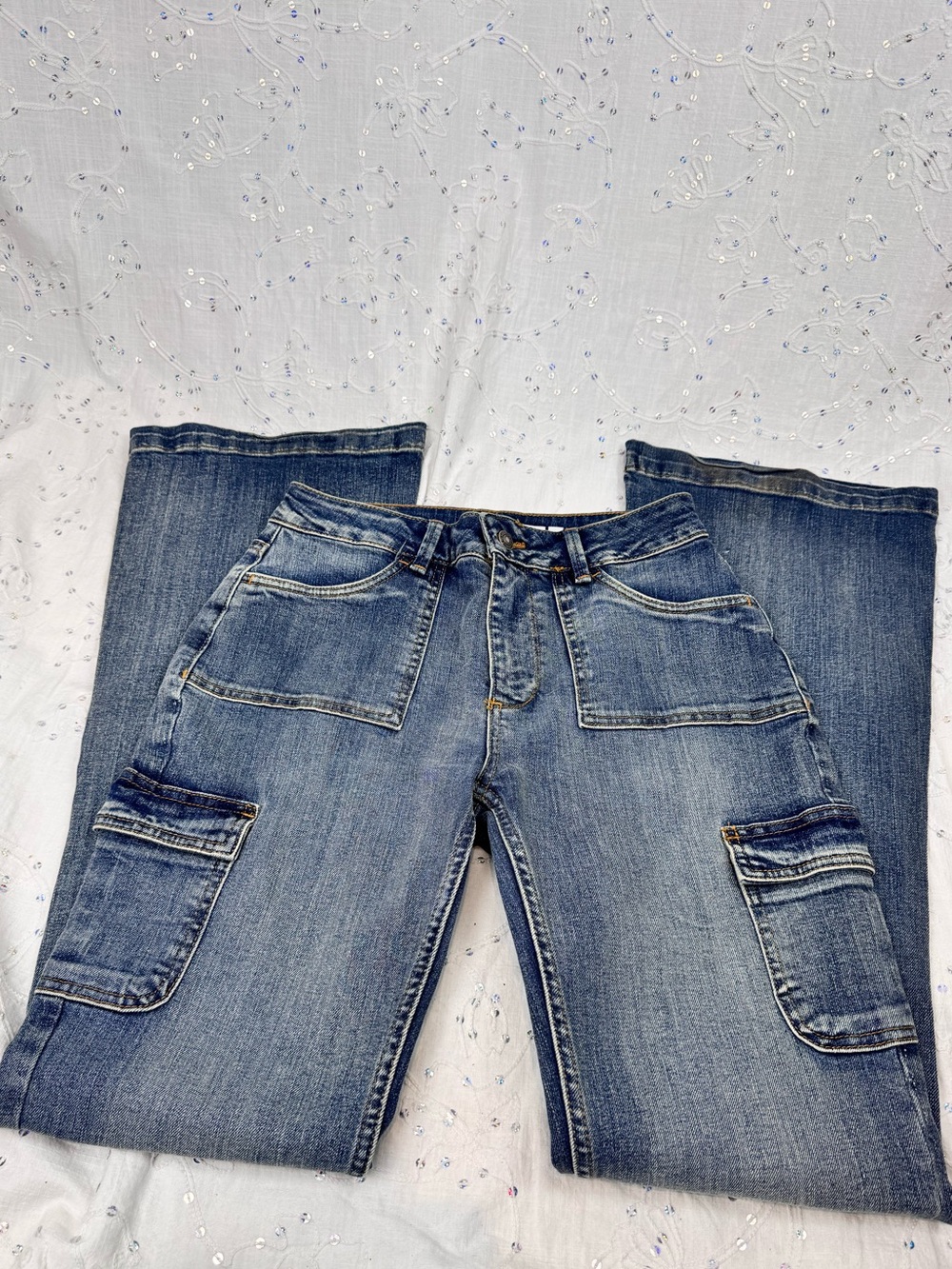Subdued Soft Flare Cargo Jeans | Mid-Rise Utility Denim | Y2K Style | Size 28 US